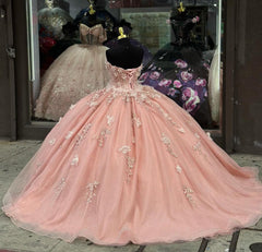 Elegant & Cute Ball Gown Off Shoulder Long Sleeves Lace Appliques Beaded Sweetheart Neck Pink Tulle Quinceanera Dress Evening Party For Sweet 16