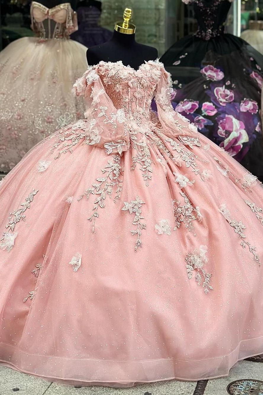 Elegant & Cute Ball Gown Off Shoulder Long Sleeves Lace Appliques Beaded Sweetheart Neck Pink Tulle Quinceanera Dress Evening Party For Sweet 16