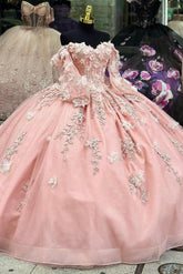 Elegant & Cute Ball Gown Off Shoulder Long Sleeves Lace Appliques Beaded Sweetheart Neck Pink Tulle Quinceanera Dress Evening Party For Sweet 16