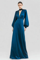 Dressystars Elegant Dark Blue Satin Beaded Keyhole Long Prom Dress With Sleeves