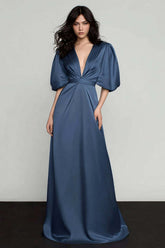 Dressystars Elegant Dark Blue Satin Deep V-Neck A-Line Long Prom Dress With Sleeves