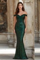 Dressystars Elegant Dark Green Mermaid Off The Shoulder Long Sequin Prom Dress