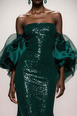 Dressystars Elegant Dark Green Mermaid Strapless Sequin Long Prom Dress With Sleeves