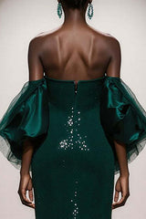 Dressystars Elegant Dark Green Mermaid Strapless Sequin Long Prom Dress With Sleeves