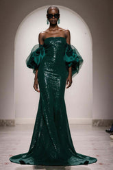 Dressystars Elegant Dark Green Mermaid Strapless Sequin Long Prom Dress With Sleeves