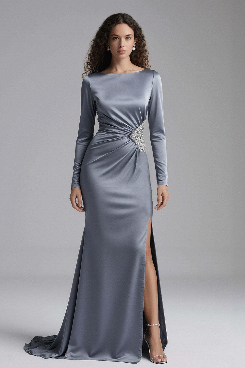 Dressystars Elegant Dusty Blue Beaded Mermaid Long Satin Evening Dress With Slit