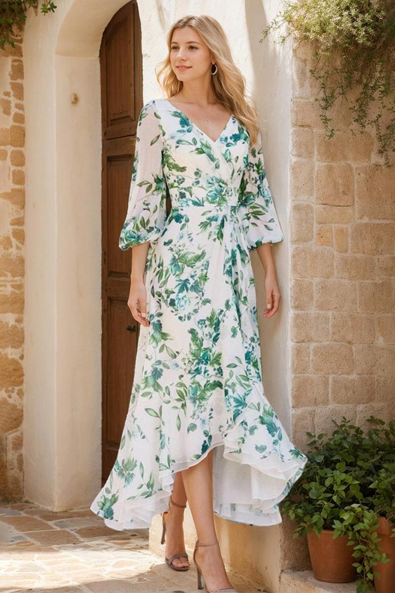 Elegant Floral Printed Mother of the Bride Dress with V-Neck and 3/4 Asymmetrical Sleeves