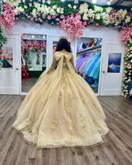 Elegant & Glamorous Ball Gown Off Shoulder Long Sleeves Lace Appliques Beaded Tulle Quinceanera Dress Formal Evening Party Princess Gown For Sweet 16