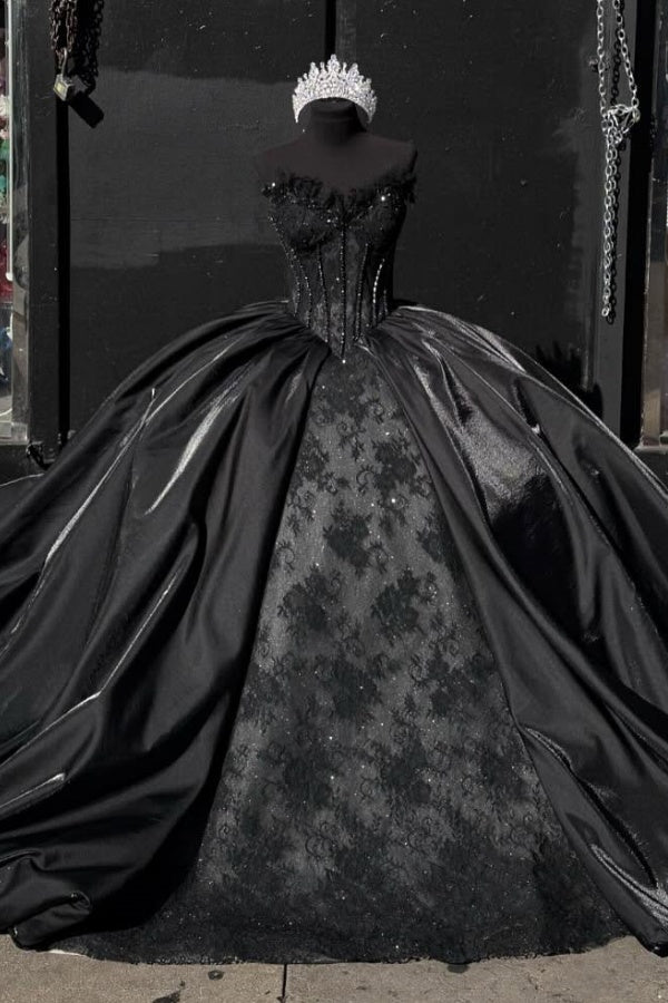 Dressystars Elegant & Glamorous Ball Gown Sweetheart Neck Beaded Lace Sequins Lace Up Black Satin Quinceanera Dress Birthday Party Gown For Sweet 16 Dressystars Elegant & Glamorous Ball Gown Sweetheart Neck Beaded Lace Sequins Lace Up Black Satin Quinceanera Dress Birthday Party Gown For Sweet 16