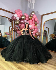 Elegant & Glitter Ball Gown Sweetheart Neck Lace Appliques Black Tulle Quinceanera Dress Evening Party Princess Gown For Sweet 16