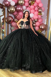 Elegant & Glitter Ball Gown Sweetheart Neck Lace Appliques Black Tulle Quinceanera Dress Evening Party Princess Gown For Sweet 16