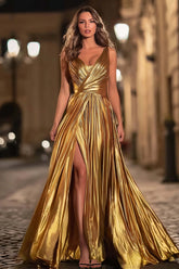 Dressystars Elegant Gold Metallic Pleated V-Neck A-Line Long Prom Dress With Slit