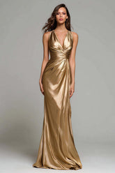 Dressystars Elegant Gold Ruched V-Neck Mermaid Long Metallic Prom Dress