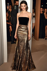 Dressystars Elegant Golden Strapless Mermaid Sequin Long Prom Dress