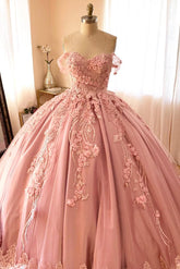 Elegant & Gorgeous Ball Gown Off Shoulder 3D Flower Lace Appliques Beaded Pink Satin Quinceanera Dress For Sweet 16