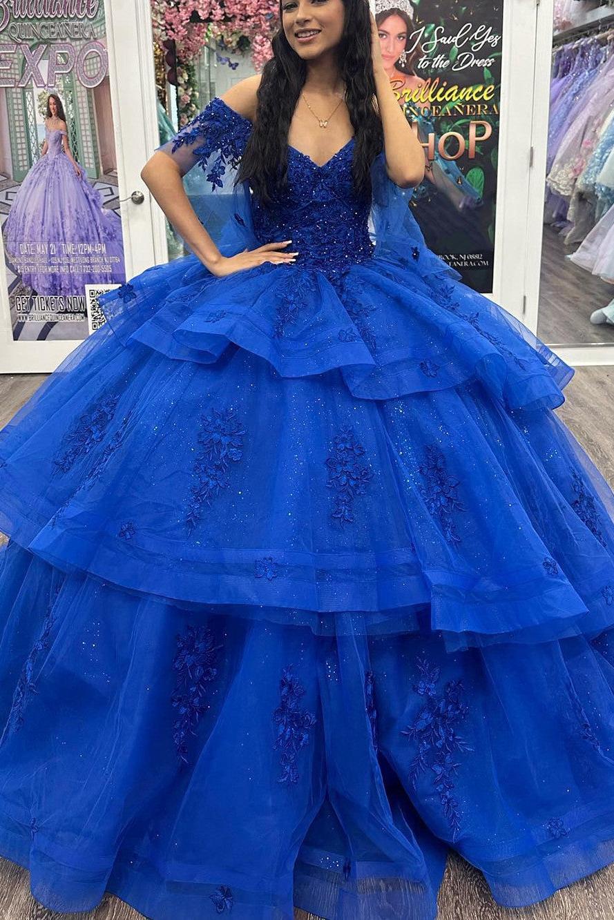 Elegant & Gorgeous Ball Gown Off Shoulder Flowers Lace Appliques Beaded Tiered Ruffles Royal Blue Tulle Princess Evening Party Gown Quinceanera Dress For Sweet 16