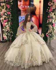 Elegant & Gorgeous Ball Gown Sweetheart Long Sleeves Sequined Appliques Beaded Tiered Champagne Tulle Quinceanera Dress Princess Evening Party Gown For Sweet 16
