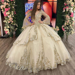 Elegant & Gorgeous Ball Gown Sweetheart Long Sleeves Sequined Appliques Beaded Tiered Champagne Tulle Quinceanera Dress Princess Evening Party Gown For Sweet 16