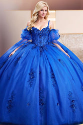 Elegant & Gorgeous Sweetheart Neck Spaghetti Straps Detachable Half Sleeves Beaded Appliques Tiered Royal Blue Tulle Quinceanera Dress Evening Party Dress For Sweet 16
