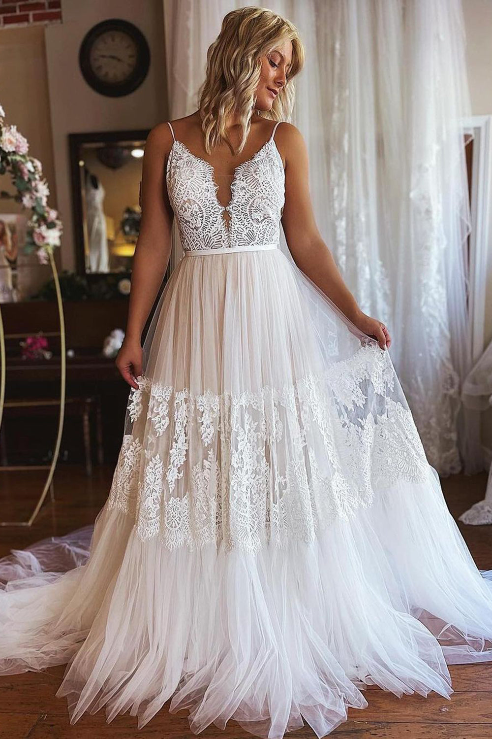 ivory boho dress Dressystars Women Wedding Dress Elegant Ivory Boho A-Line Long Tulle Bridal Dress with Lace