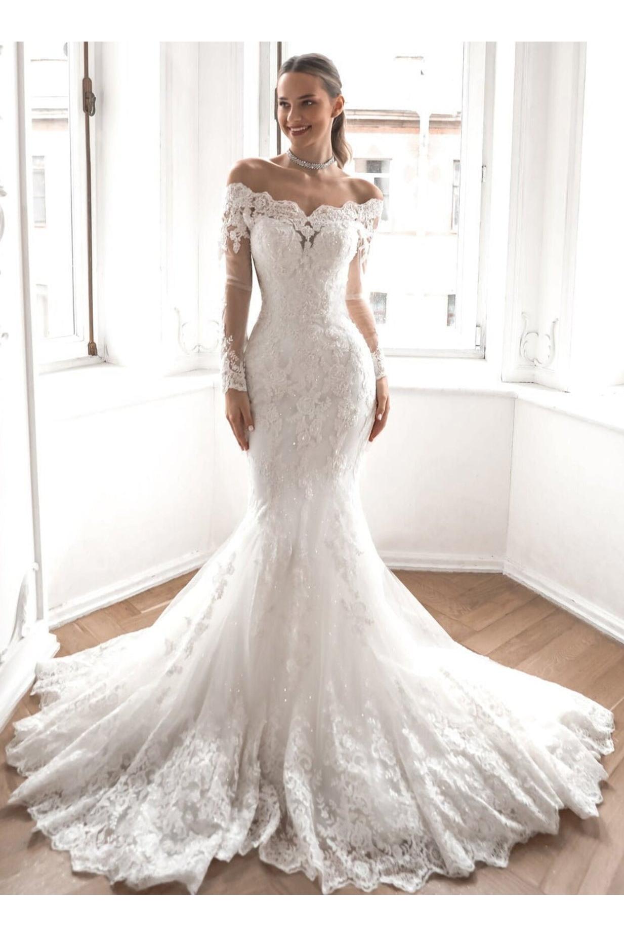 Elegant Lace Long Sleeve Off Shoulder Bridal Gowns