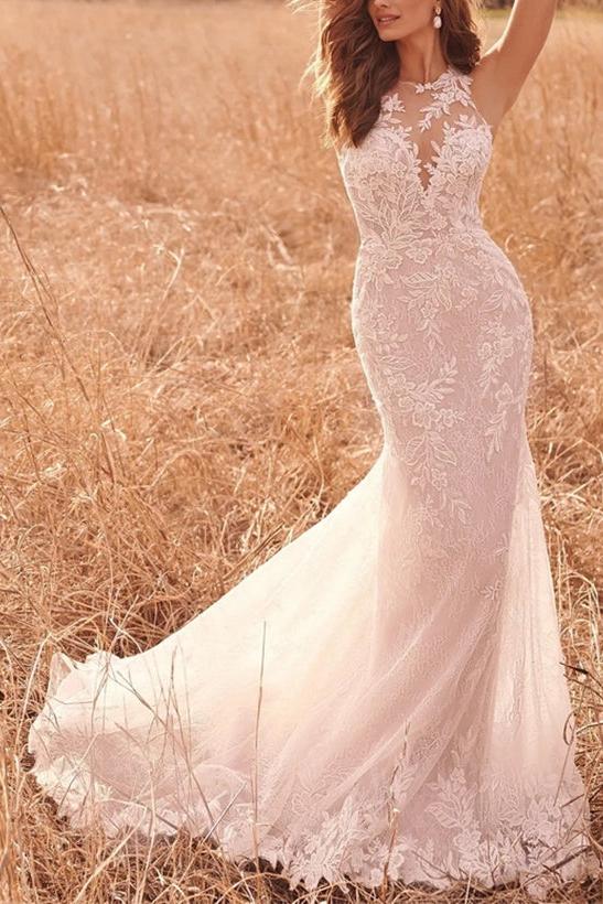 Elegant Lace/Tulle Wedding Dress with Trumpet/Mermaid Illusion Neck