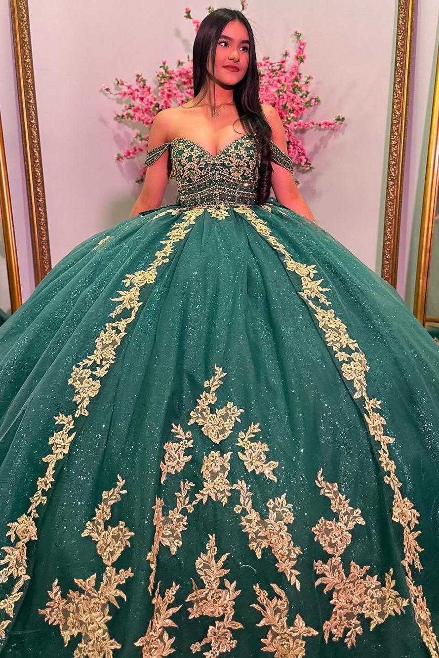Elegant & Luxury Ball Gown Off Shoulder Gold Appliques Emerald Green Tulle Princess Birthday Party Dress Quinceanera Dress For Sweet 16