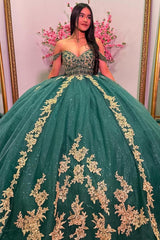 Elegant & Luxury Ball Gown Off Shoulder Gold Appliques Emerald Green Tulle Princess Birthday Party Dress Quinceanera Dress For Sweet 16