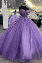 Elegant & Modern Ball Gown Off Shoulder 3D Flowers Lace Appliques Purple Tulle Quinceanera Dress Birthday Party Gown For Sweet 16