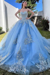 Elegant & Modern Ball Gown Strapless Lace Appliques Beaded Tiered Ruffles Sky Blue Tulle Quinceanera Dress Birthday Party Gown For Sweet 16