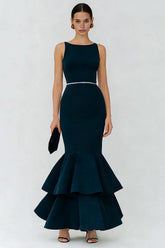 Dressystars Elegant Navy Boat Neck Long Mermaid Prom Dress With Ruffles
