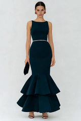 Dressystars Elegant Navy Boat Neck Long Mermaid Prom Dress With Ruffles