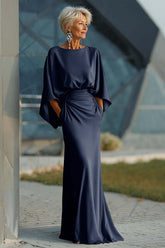 Elegant Navy Satin Mermaid Backless Long Mother Of The Bride Dress With Pockets