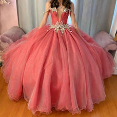 Elegant Off Shoulder Appliques Beaded Watermelon Pink Tulle Princess Gown Quinceanera Dress For Sweet 16