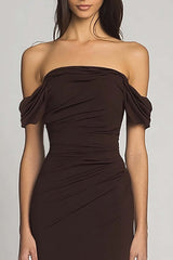 Elegant Off The Shoulder Dark Brown Sheath Long Formal Dress