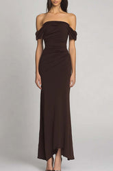 Elegant Off The Shoulder Dark Brown Sheath Long Formal Dress