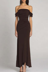 Elegant Off The Shoulder Dark Brown Sheath Long Formal Dress