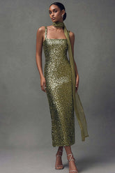 Dressystars Elegant Olive Sheath Sequin Scarf Neck Long Holiday Party Dress