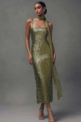 Dressystars Elegant Olive Sheath Sequin Scarf Neck Long Holiday Party Dress
