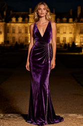 Dressystars Elegant Purple Mermaid V-Neck Backless Long Velvet Holiday Party Dress With Beading