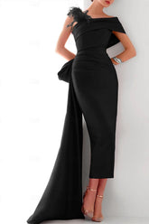Elegant Satin Formal Gown with Feather Bow(s) - One Shoulder Sleeveless Sheath/Column and Sweep/Brush Train