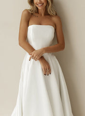 Elegant Satin Wedding Dress with A Line Silhouette Strapless Design Sleeveless Style and Sweep Train