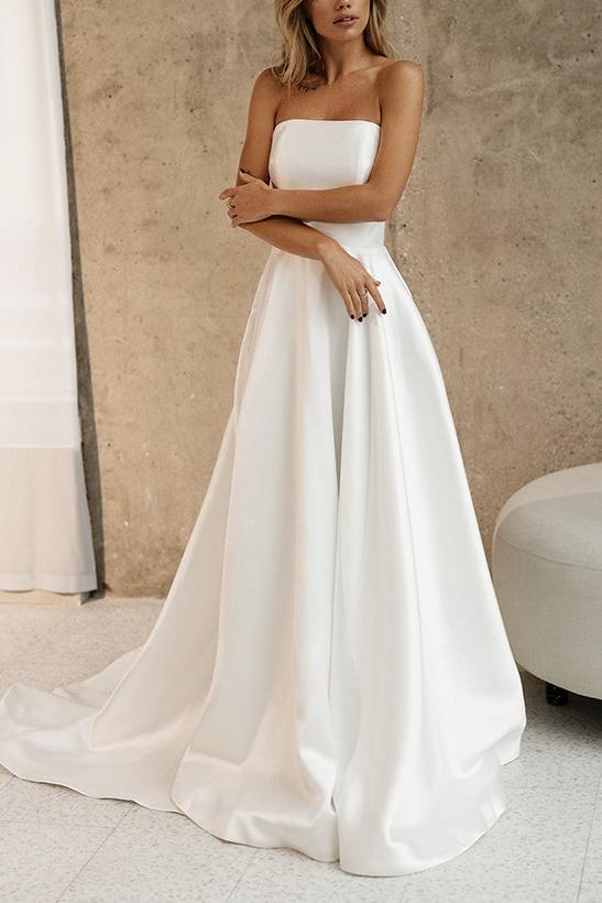 Elegant Satin Wedding Dress with A Line Silhouette Strapless Design Sleeveless Style and Sweep Train