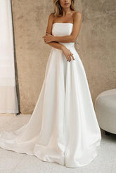 Elegant Satin Wedding Dress with A Line Silhouette Strapless Design Sleeveless Style and Sweep Train