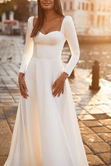 Elegant Satin Wedding Dress with A Line Sweetheart and Long Sleeves