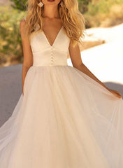 Elegant Satin/Tulle Wedding Dress with A Line V Neck and Sleeveless Design Court Train