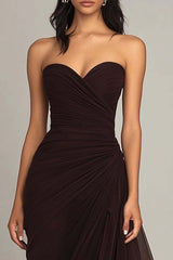 Elegant Sweetheart Ruched Dark Brown Long Formal Dress With Ruffles