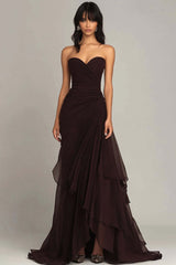 Elegant Sweetheart Ruched Dark Brown Long Formal Dress With Ruffles