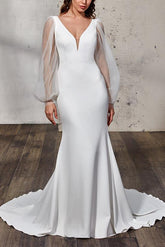 Elegant Trumpet Mermaid V Neck Long Sleeves Wedding Gowns