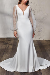 Elegant Trumpet Mermaid V Neck Long Sleeves Wedding Gowns